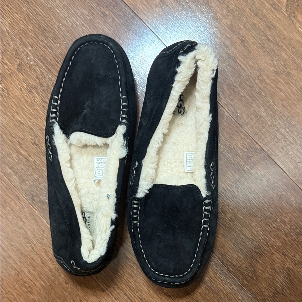UGG Black Suede Moccasins with Cream Fleece